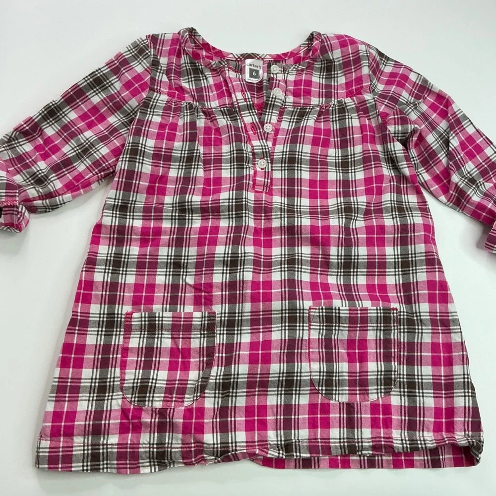 Carter's Pink Plaid Tunic Top Kids Size 6 Roll-Tab Sleeve Cotton Henley